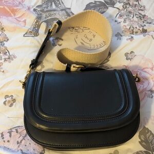 Zara Black Leather Shoulder Bag with Beige Wide Strap